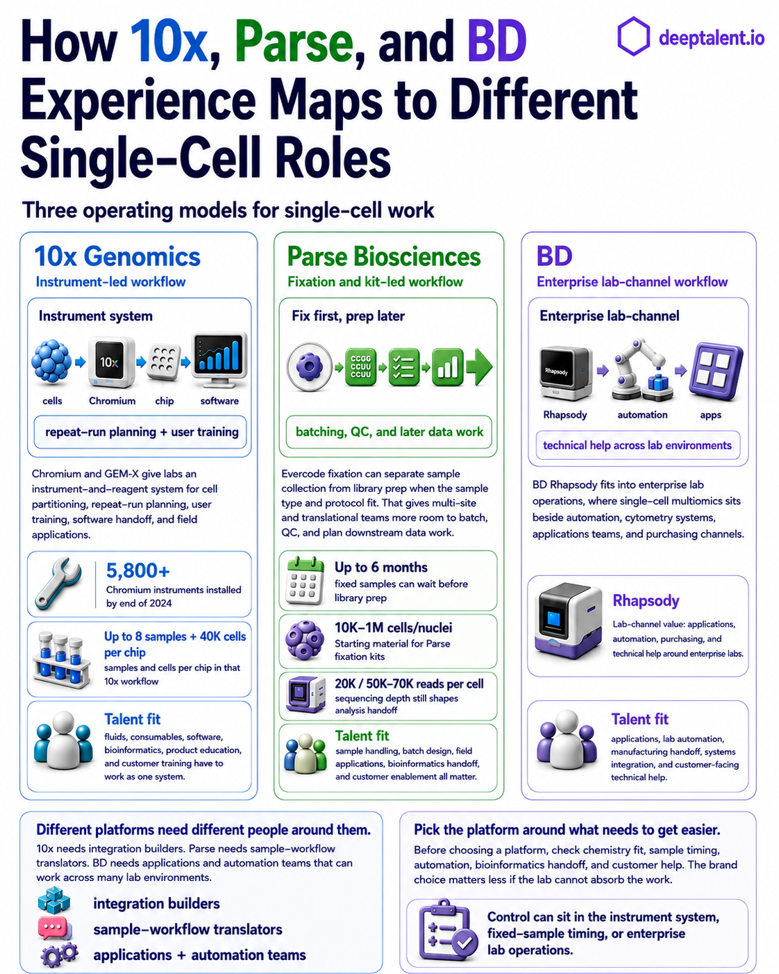 DeepTalent.io infographic comparing 10x Genomics, Parse Biosciences, and BD Rhapsody single-cell workflow experience.
